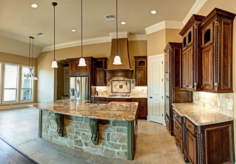 Custom French Country Kitchen Green Island with Glaze Large Corbels Stone Custom Copper Faux Finished Vent Hood 